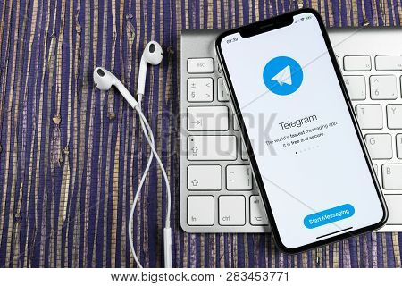 Sankt-petersburg, Russia, February 10, 2019: Telegram Application Icon On Apple Iphone X Screen Clos