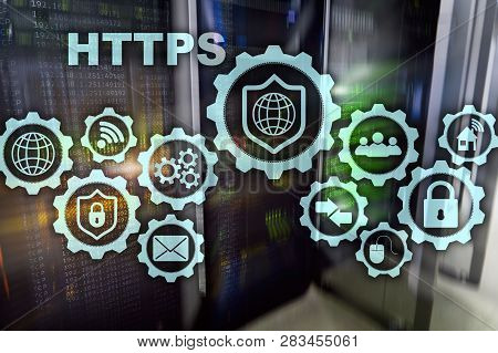 Https. Hypertext Transport Protocol Secure. Technology Concept On Server Room Background. Virtual Ic