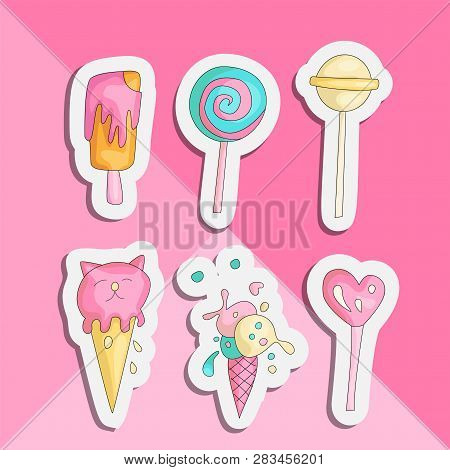 Cute Funny Girl Teenager Colored Icon Sticker Set, Fashion Cute Teen And Princess Icons. Magic Fun C
