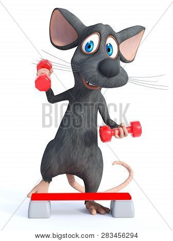 3d Rendering Of A Cute Smiling Cartoon Mouse Exercising With Red Dumbbells And A Step Up Board. Whit