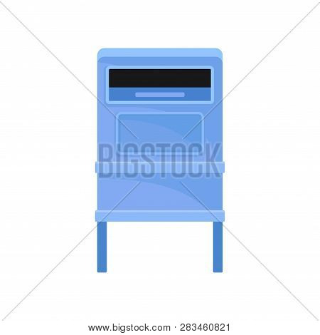 Public Mailbox On Legs. Street Postbox. Blue Metal Container For Correspondence. Postal Service Flat