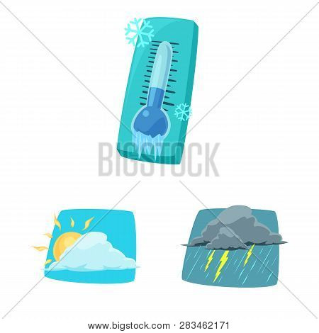 Vector Illustration Of Weather And Climate Logo. Collection Of Weather And Cloud Vector Icon For Sto