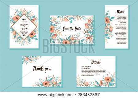 Wedding Invitation Frame Set. Wild Flowers, Leaves, Isolated On White. Sketched Wreath, Floral, Herb
