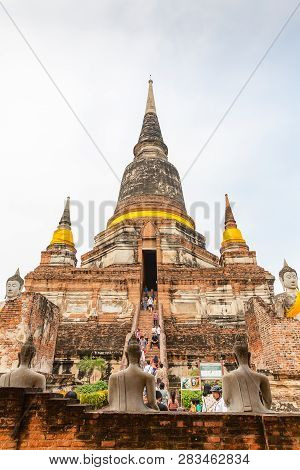 Wat Yai Chai Mongkon, Ayutthaya, Thailand - 12.24.2018; Tourists Visiting Wat Yai Chai Mongkon Templ