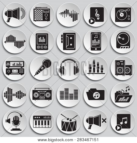 Music And Sound Icons Set On Plates Background For Graphic And Web Design, Modern Simple Vector Sign