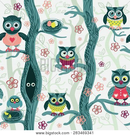 Owls In Spring Seamless Pattern In Scandinavian Style. Owls On A Tree In A Spring Forest. Birds Wait