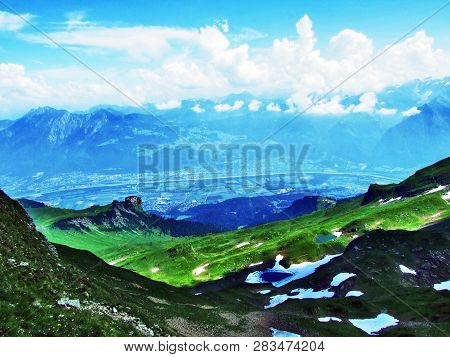 View Of The River Rhine Valley (rheintal) From The Alvier Mountain - Canton Of St. Gallen, Switzerla