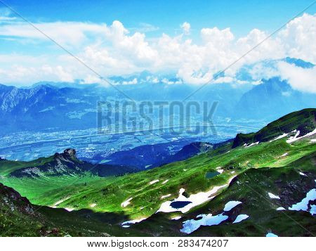View Of The River Rhine Valley (rheintal) From The Alvier Mountain - Canton Of St. Gallen, Switzerla
