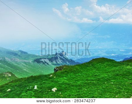 View Of The River Rhine Valley (rheintal) From The Alvier Mountain - Canton Of St. Gallen, Switzerla