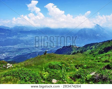 View Of The River Rhine Valley (rheintal) From The Alvier Mountain - Canton Of St. Gallen, Switzerla
