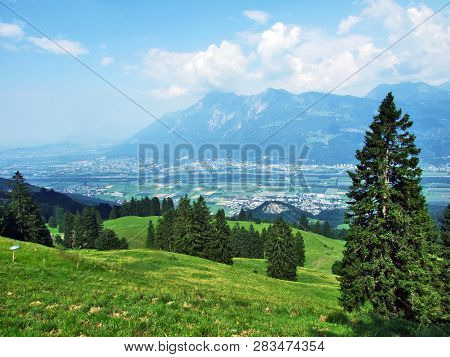 View Of The River Rhine Valley (rheintal) From The Alvier Mountain - Canton Of St. Gallen, Switzerla