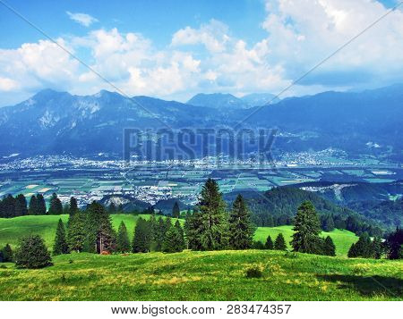 View Of The River Rhine Valley (rheintal) From The Alvier Mountain - Canton Of St. Gallen, Switzerla