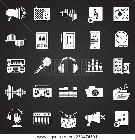 Music And Sound Icons Set On Black Background For Graphic And Web Design, Modern Simple Vector Sign.