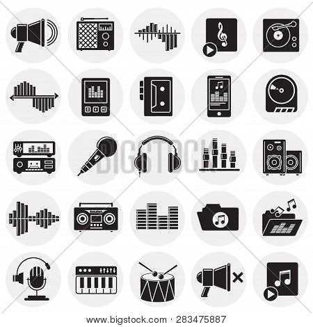 Music And Sound Icons Set On Circles Background For Graphic And Web Design, Modern Simple Vector Sig