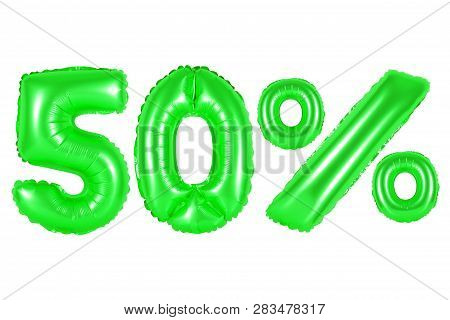 Fifty 50 Percent From Green Balloons On A White Background. Discounts And Sales, Holidays And Educat