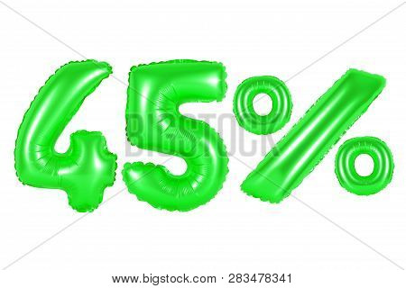 Forty Five 45 Percent From Green Balloons On A White Background. Discounts And Sales, Holidays And E