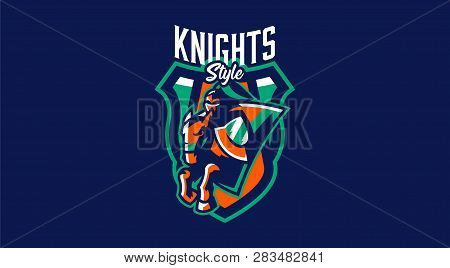 Knight Emblem On Horse. A Warrior Galloping On A Horse, A Knight In Armor. Horseman, Sword, Shield, 