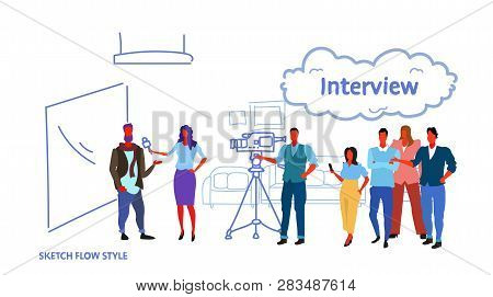 Professional Camera Recording Female Presenter Interviewing In Television Studio With Crew Reporter 