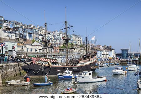 23 May 2018: Brixham, Devon, Uk - The Golden Hind Replica, An Attraction In Brixham Harbour.