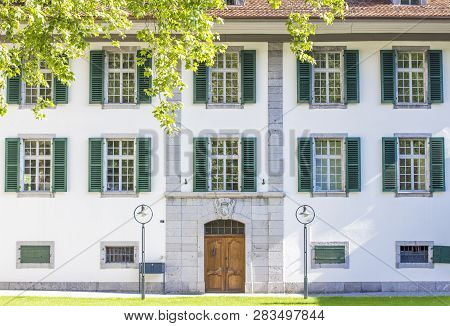 The Buildings Of The Castle Church In Interlaken. The Courtyard Of The Castle Church