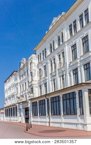 Borkum, Germany - July 25, 2018: Facade Of The Historic Hotel A The Boulevard Of Borkum, Germany
