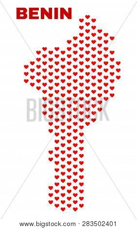 Mosaic Benin Map Of Love Hearts In Red Color Isolated On A White Background. Regular Red Heart Patte