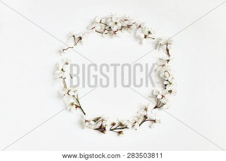 Styled Stock Photo. Spring, Easter Feminine Scene, Floral Composition. Round Frame, Wreath Made Of P