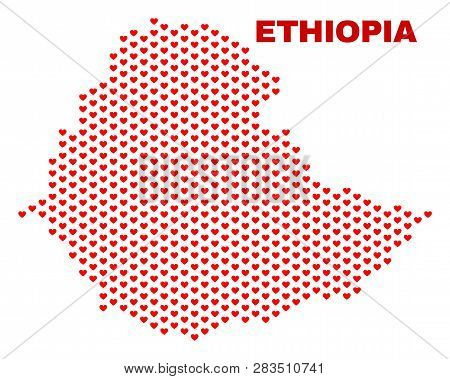 Mosaic Ethiopia Map Of Love Hearts In Red Color Isolated On A White Background. Regular Red Heart Pa
