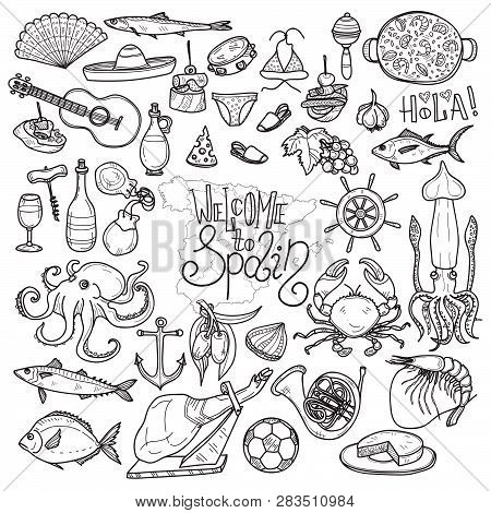 Cute Hand Drawn Set Of  Spain Related Icons. Welcome To Spain Collection