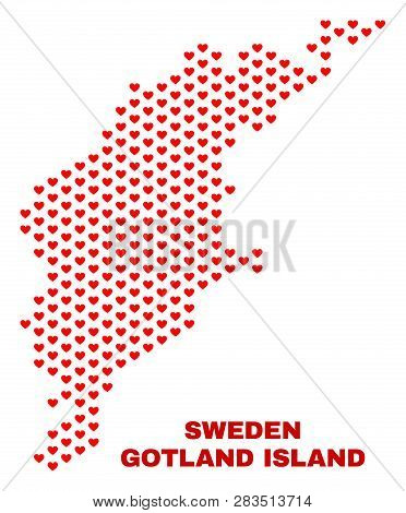 Mosaic Gotland Island Map Of Heart Hearts In Red Color Isolated On A White Background. Regular Red H