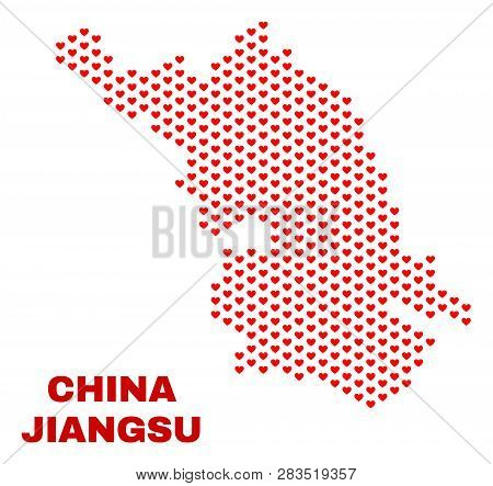 Mosaic Jiangsu Province Map Of Heart Hearts In Red Color Isolated On A White Background. Regular Red