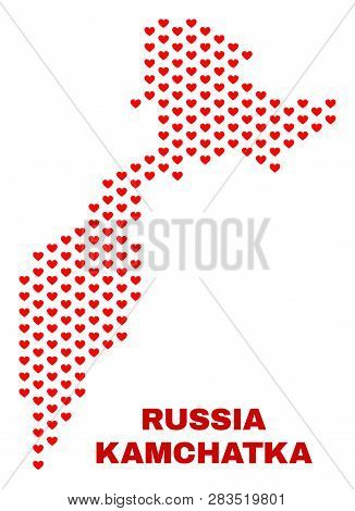 Mosaic Kamchatka Map Of Valentine Hearts In Red Color Isolated On A White Background. Regular Red He