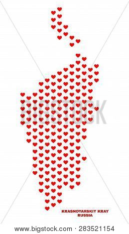 Mosaic Krasnoyarskiy Kray Map Of Love Hearts In Red Color Isolated On A White Background. Regular Re
