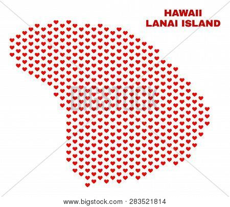 Mosaic Lanai Island Map Of Heart Hearts In Red Color Isolated On A White Background. Regular Red Hea