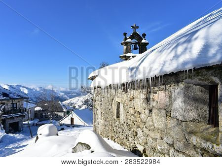 Piornedo, Ancares, Lugo Province, Galicia, Spain. View From San Lorenzo Hermitage With Snow, Ice And