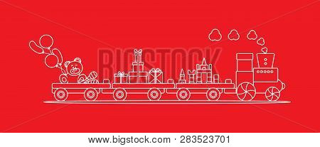 Funny Vector Illustration With Train Carries Toys: Baby Toy Musical Maracas, Designer, Bear, Gifts, 