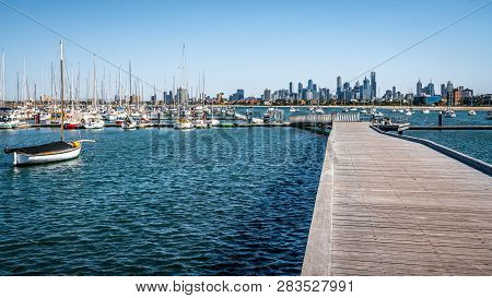 St Kilda Marina Full Of Boats View From The Pier And Melbourne Skyline In Background In Saint Kilda 