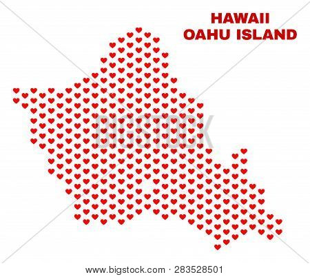 Mosaic Oahu Island Map Of Heart Hearts In Red Color Isolated On A White Background. Regular Red Hear