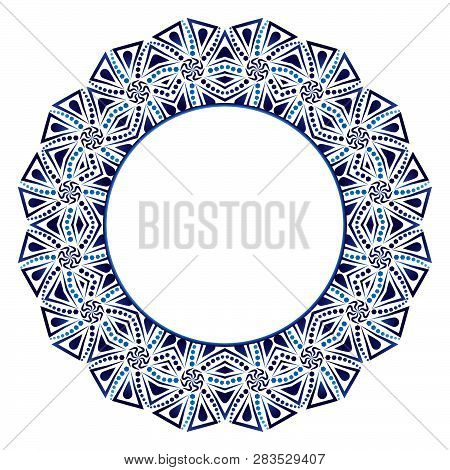 Ceramic Tile Pattern. Decorative Round Ornament. White Background With Art Frame. Islamic, Indian, A