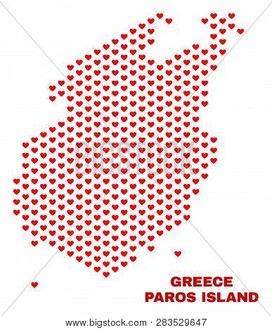 Mosaic Paros Island Map Of Love Hearts In Red Color Isolated On A White Background. Regular Red Hear
