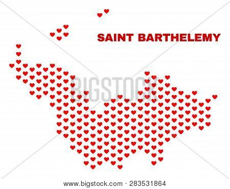 Mosaic Saint Barthelemy Map Of Love Hearts In Red Color Isolated On A White Background. Regular Red 