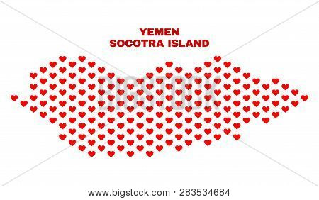 Mosaic Socotra Island Map Of Valentine Hearts In Red Color Isolated On A White Background. Regular R