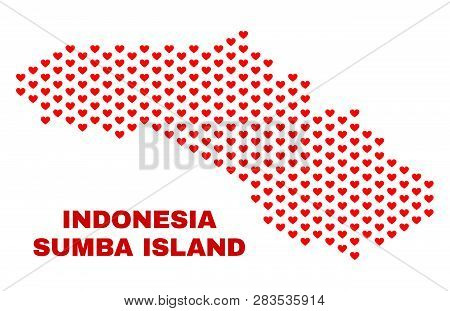 Mosaic Sumba Island Map Of Heart Hearts In Red Color Isolated On A White Background. Regular Red Hea