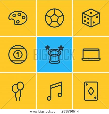 Illustration Of 9 Joy Icons Line Style. Editable Set Of Football, Wizard, Dice And Other Icon Elemen