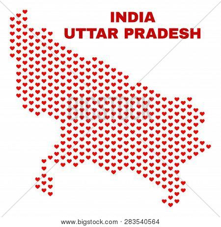 Mosaic Uttar Pradesh State Map Of Heart Hearts In Red Color Isolated On A White Background. Regular 
