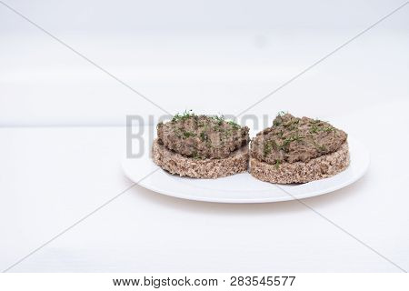 Fresh Homemade Chicken, Pork, Beef Liver Pate Or Paste On Bread On White Background
