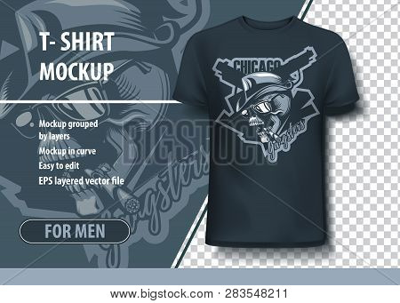 Chikago Gangsters Text With Skull In Hat And Cigar. T-shirt Template