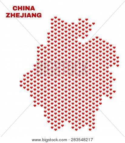 Mosaic Zhejiang Province Map Of Love Hearts In Red Color Isolated On A White Background. Regular Red