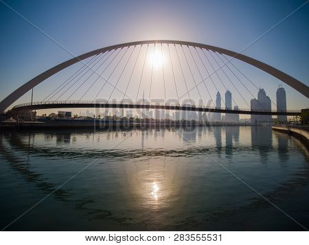 Panorama Of The City Early In The Morning At Dawn With A Bridge Over The City Channel Dubai Greek.