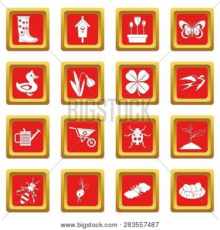 Spring Icons Set In Red Color Isolated Illustration For Web And Any Design